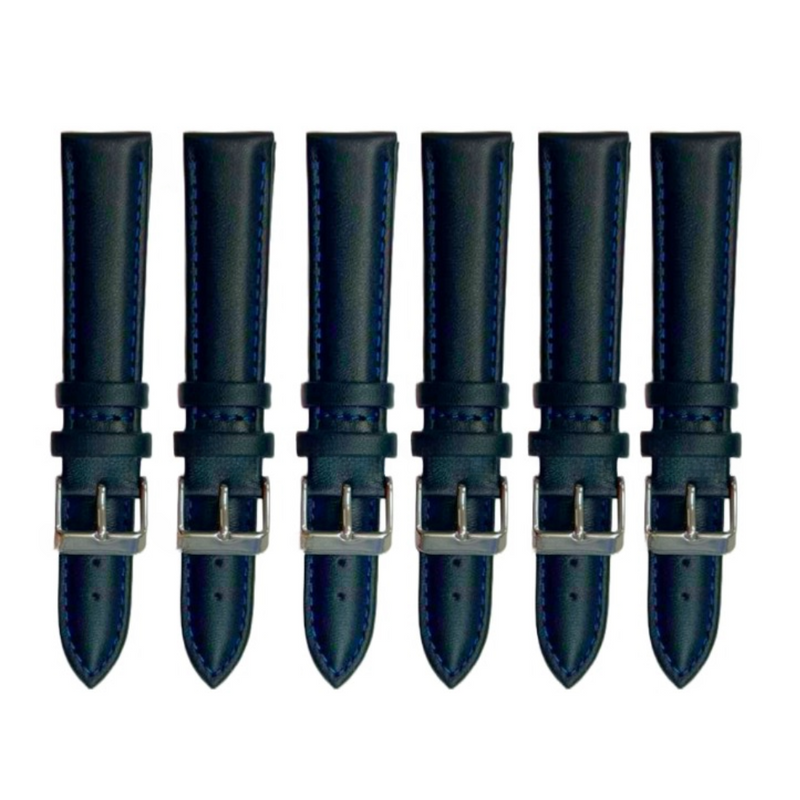 Load image into Gallery viewer, 6PCS Black Leather Watch Band Sizes 8MM-24MM Padded w/BLUE Stitches
