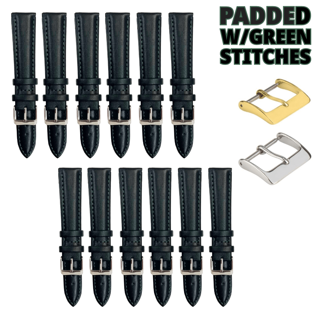 12PCS Black Leather Watch Band Sizes 8MM - 24MM Padded w/GREEN Stitches - Universal Jewelers & Watch Tools Inc.