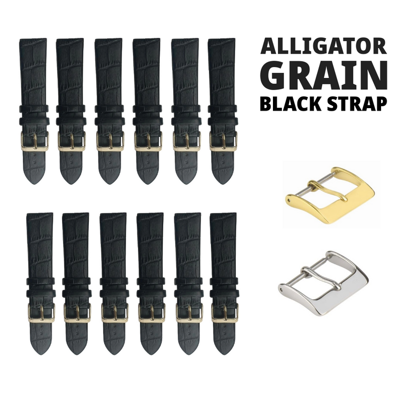 Load image into Gallery viewer, 12PCS Black Leather Flat Unstitched Alligator Grain Watch Band Sizes 12MM-24MM
