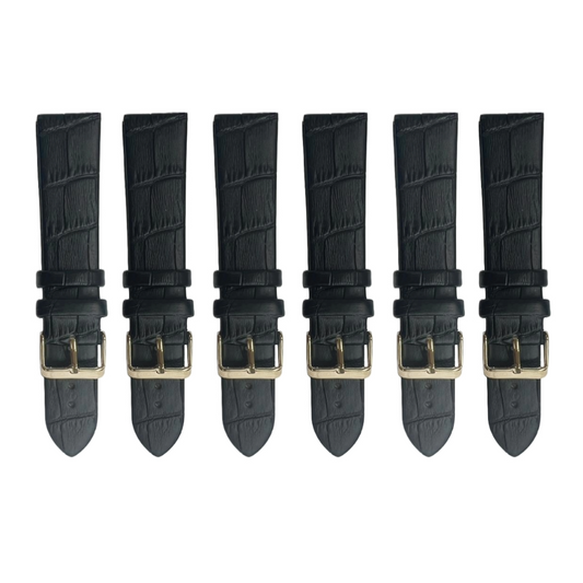 6PCS Black Leather Flat Unstitched Alligator Grain Watch Band Sizes 12MM-24MM