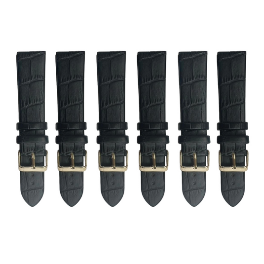 6PCS Black Leather Flat Unstitched Alligator Grain Watch Band Sizes 12MM-24MM