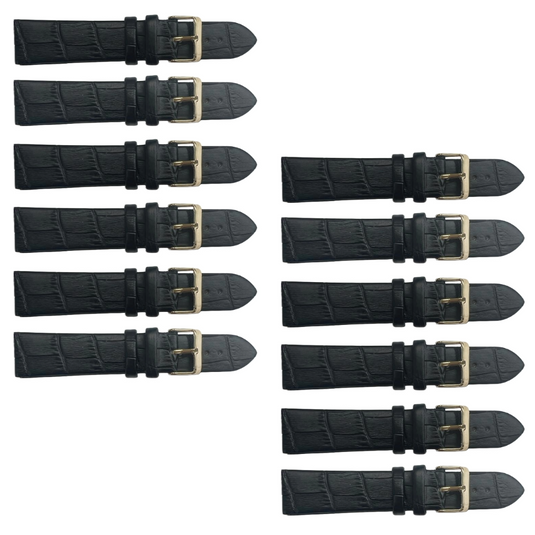 12PCS Black Leather Flat Unstitched Alligator Grain Watch Band Sizes 12MM-24MM