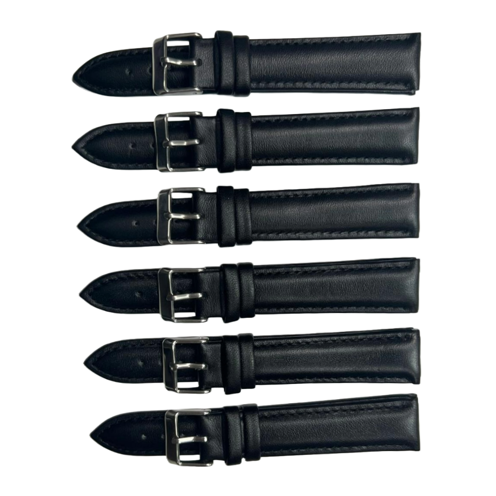 6PCS Black Leather Watch Band Sizes 8MM-24MM Padded w/Black Stitches