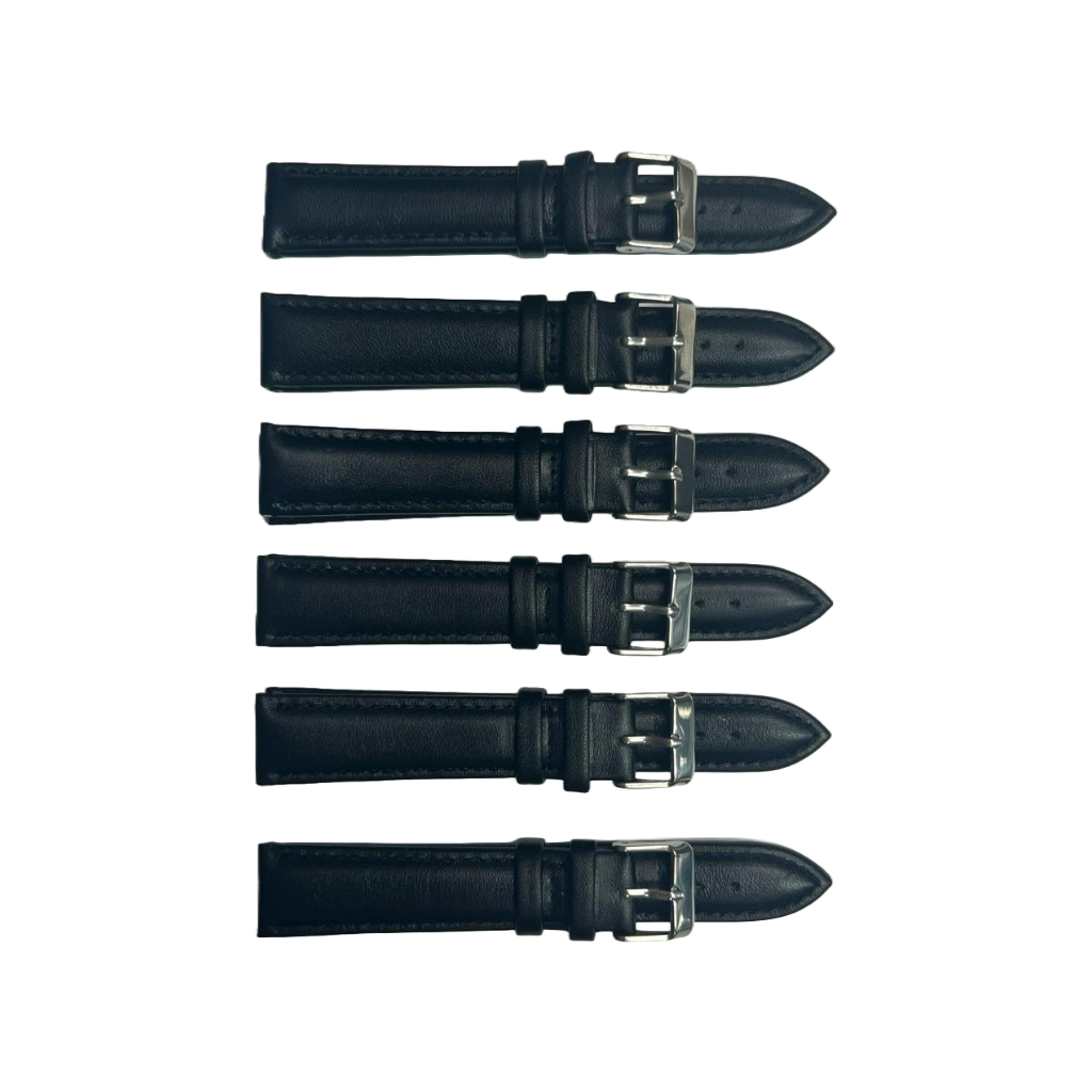 6PCS Black Leather Watch Band Sizes 8MM-24MM Padded w/Black Stitches