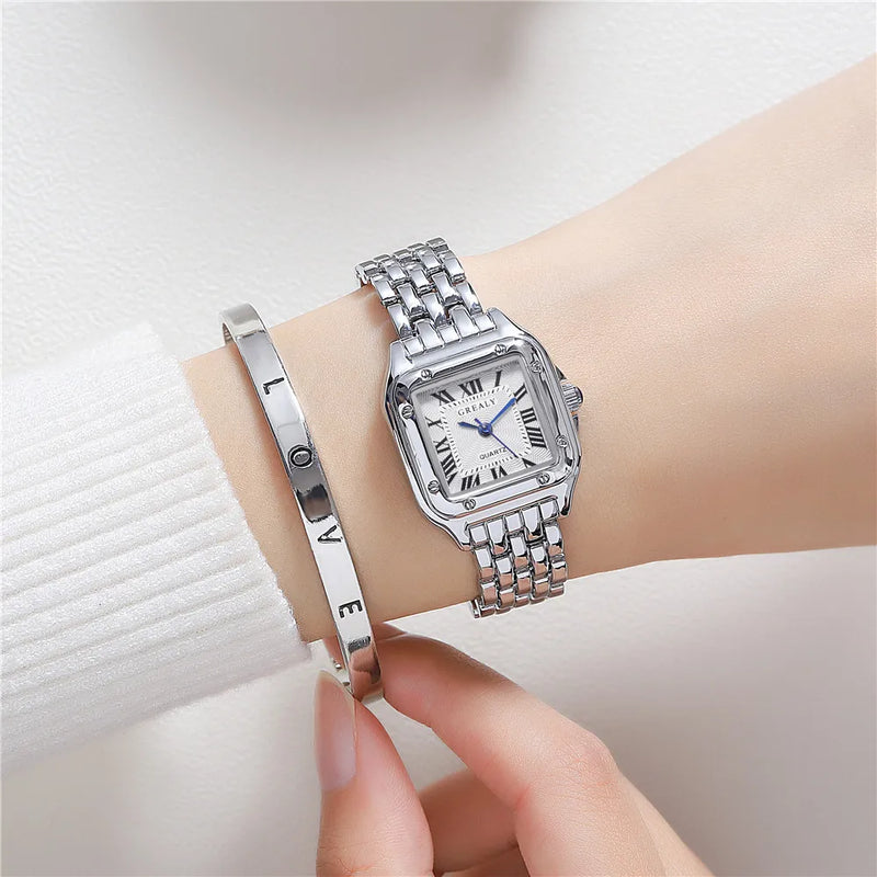 Load image into Gallery viewer, Women&#39;s Fashion Square Watches Gold Alloy Strap 2024 Luxury Ladies Quartz Wristwatches Qualities Female Roman Scale Clock
