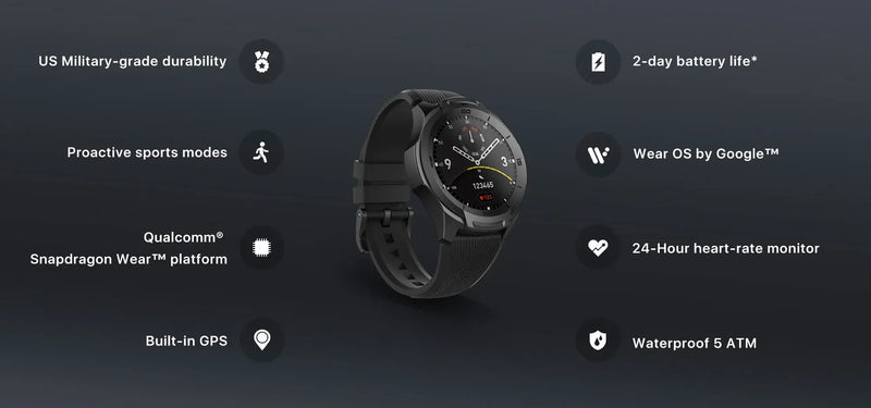 Load image into Gallery viewer, TicSmartwatch S2 Wear OS by Google Smartwatch Built-in GPS 24-Hour Heart Rate Monitor forMen 5ATM IP68 Waterproof forIOS&amp;Android
