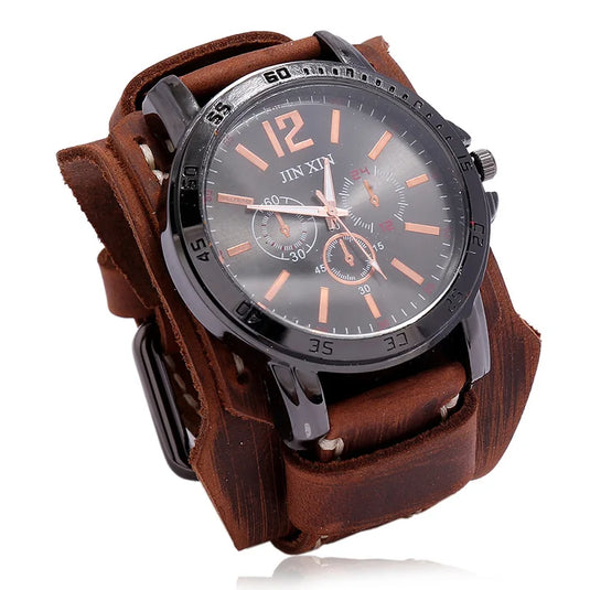 2023 Cowhide Strap Watches Men Punk Style Retro Fashion Wide Leather Band Watch Black Big Dial Wristwatch Men Bangles