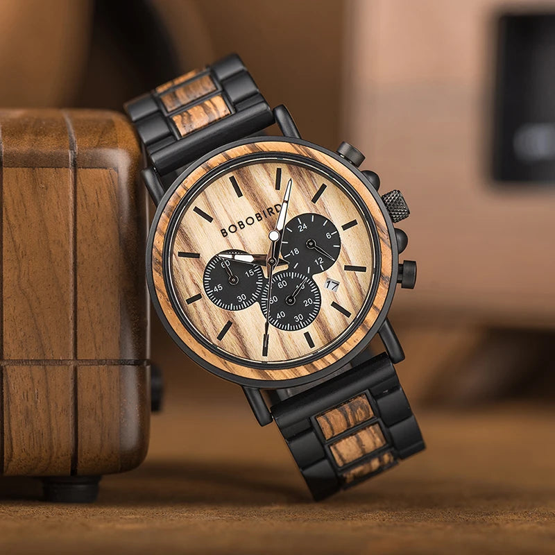 Load image into Gallery viewer, BOBOBIRD Luxury Men Watch Top Quartz Chronograph Personalized Wristwatch Timepiece Metal Wooden Strap Gift Box relogio masculino
