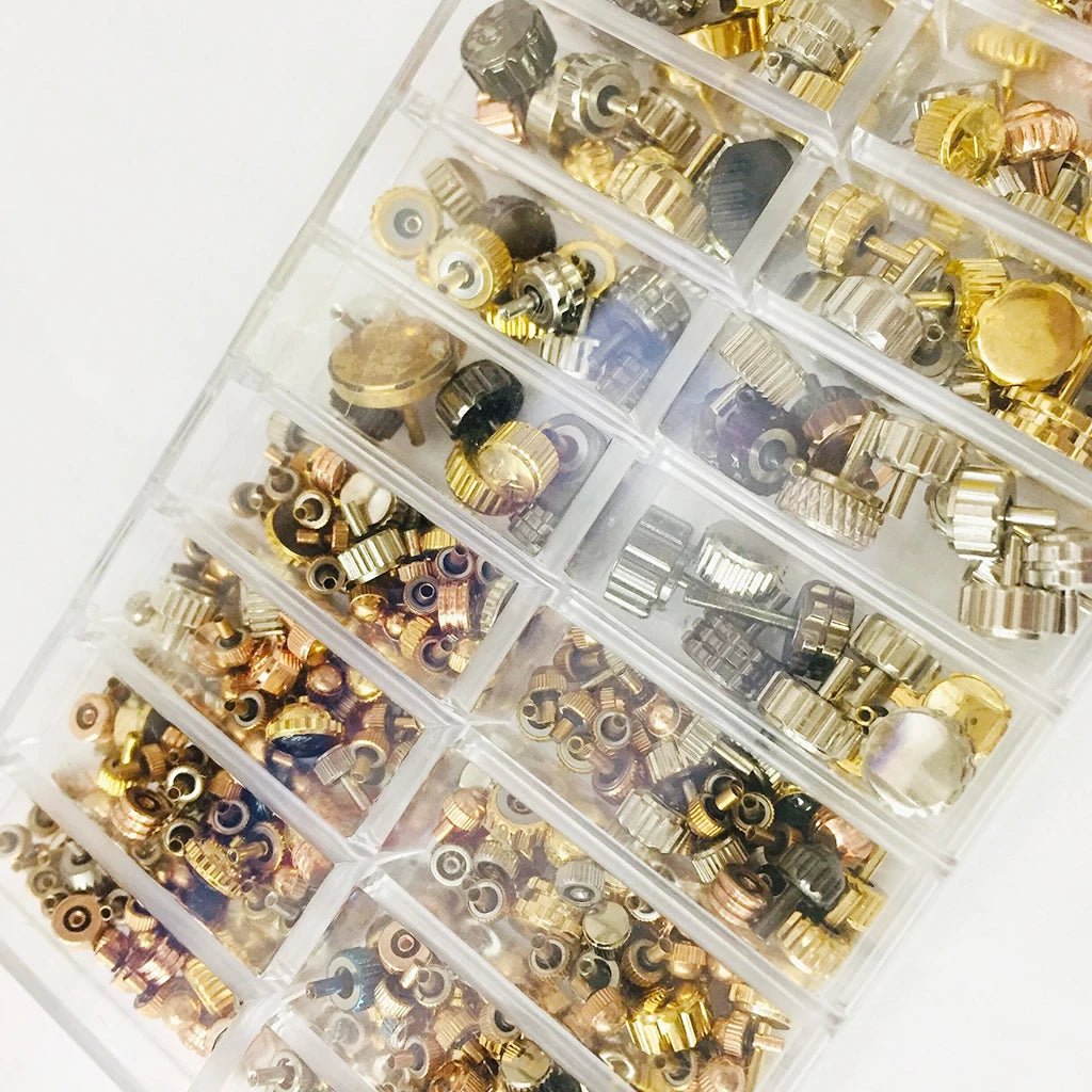150 - 160pcs/Box Watch Crown Spare Parts, Silver Bronze Copper Assorted Watch Crown Parts Replacement Accessories - Universal Jewelers & Watch Tools Inc.