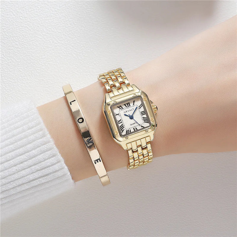 Load image into Gallery viewer, Women&#39;s Fashion Square Watches Gold Alloy Strap 2024 Luxury Ladies Quartz Wristwatches Qualities Female Roman Scale Clock
