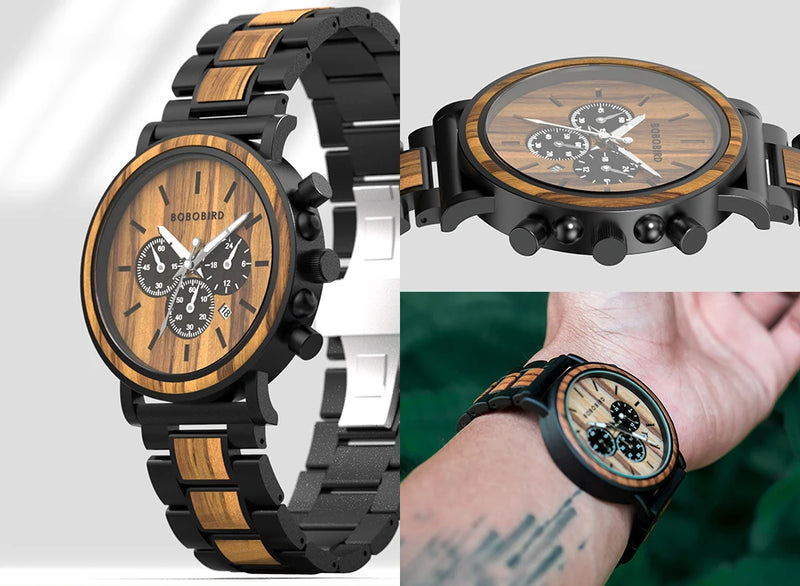 Load image into Gallery viewer, BOBOBIRD Luxury Men Watch Top Quartz Chronograph Personalized Wristwatch Timepiece Metal Wooden Strap Gift Box relogio masculino
