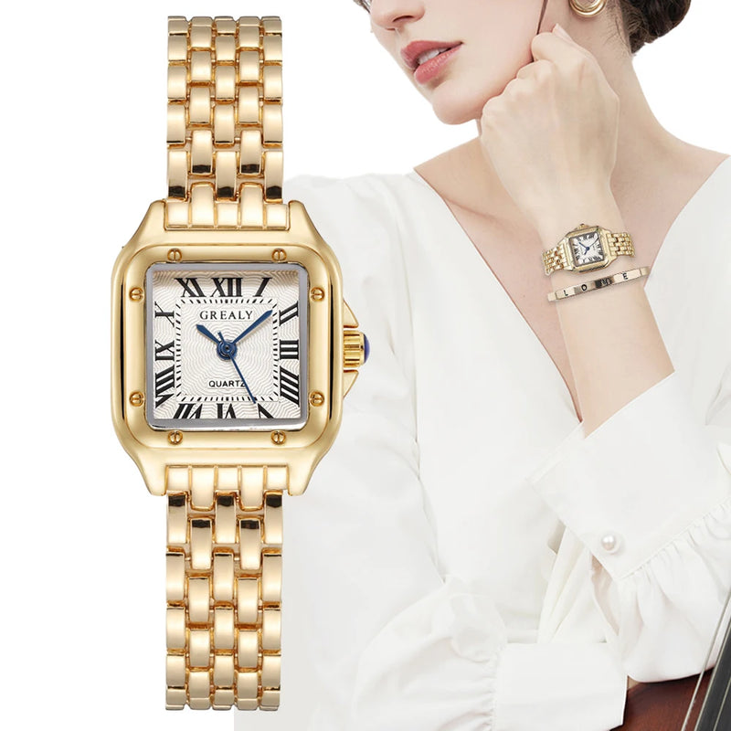 Load image into Gallery viewer, Women&#39;s Fashion Square Watches Gold Alloy Strap 2024 Luxury Ladies Quartz Wristwatches Qualities Female Roman Scale Clock
