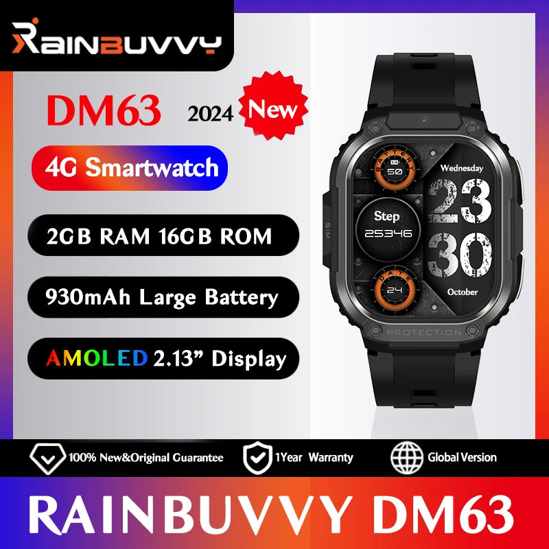 Rainbuvvy DM63 AMOLED 4G LTE Smart Watch 2.13" HD Screen 2GB RAM 16G ROM With SIM Wifi Camera Android8.1 Sports Watch