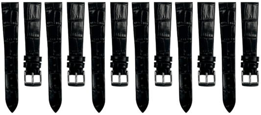 Lot of 6PCS Black Leather Flat Unstitched Alligator Grain Watch Band Size 18MM - Universal Jewelers & Watch Tools Inc.