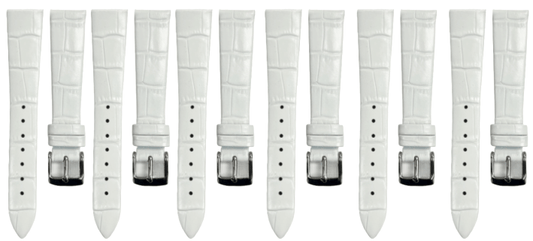 Lot of 6PCS White Leather Flat Unstitched Alligator Grain Watch Band Size 18MM - Universal Jewelers & Watch Tools Inc.