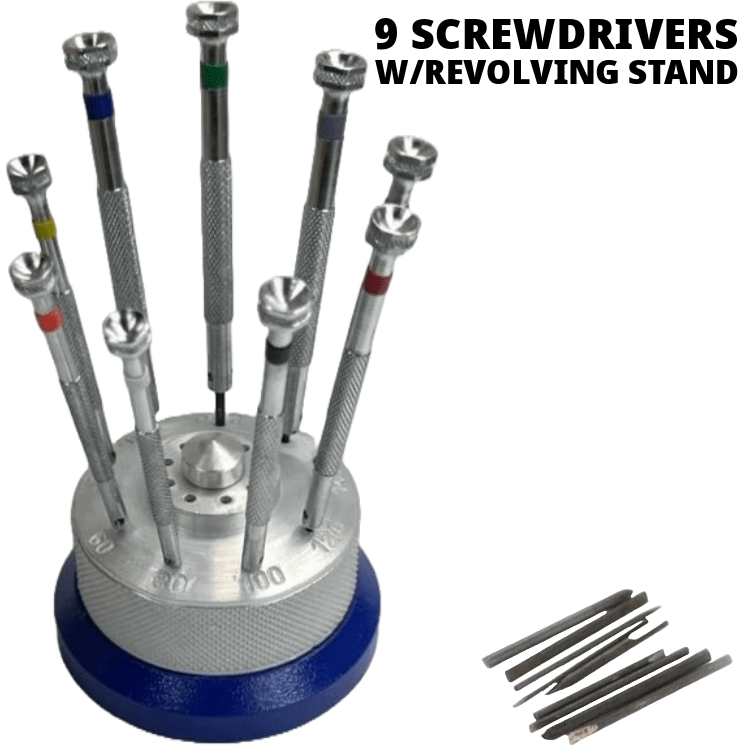 Set of 9 Screwdrivers w/Revolving Stand and 9 Spare Blades Jewelry Making Repair - Universal Jewelers & Watch Tools Inc.