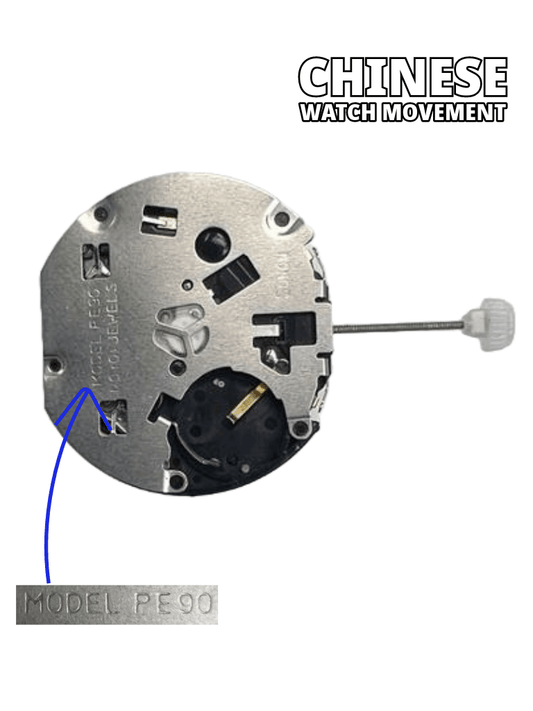 Sunon Chinese Multi Function Watch Movement PE90 - 04 3H and 4EYES Date At 4.30 Overall Height: 6.8mm - Universal Jewelers & Watch Tools Inc.