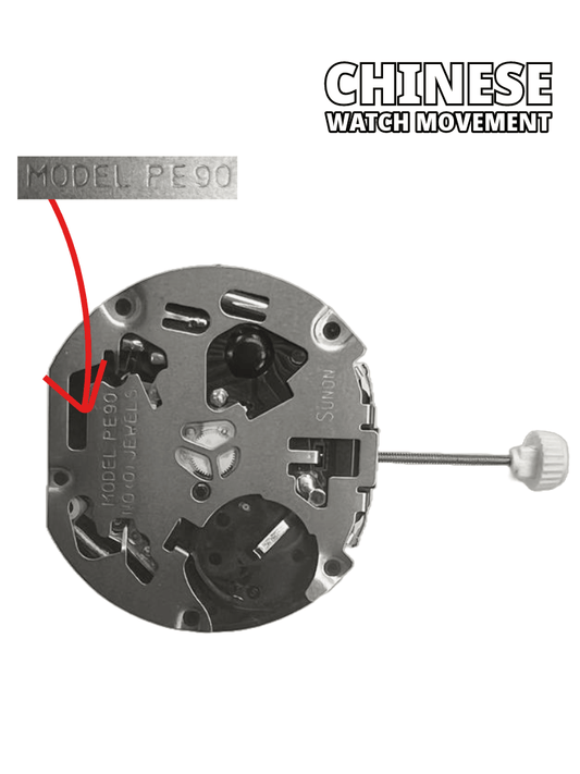 Sunon Chinese Multi Function Watch Movement PE90 - 08 3H and 3EYES Date At 6:00 Overall Height: 6.8mm - Universal Jewelers & Watch Tools Inc.