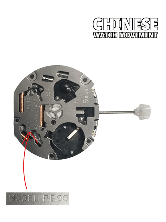 Sunon Chinese Multi Function Watch Movement PE90 - 06 3H and 4EYES Date At 4.30 Overall Height: 6.8mm - Universal Jewelers & Watch Tools Inc.
