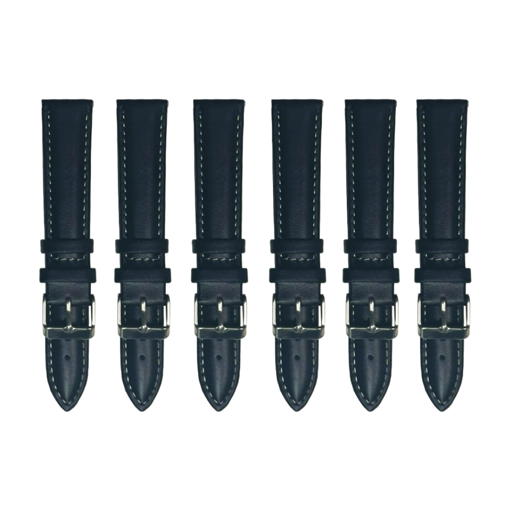 6PCS Black Leather Watch Band Sizes 8MM-24MM Padded w/White Stitches