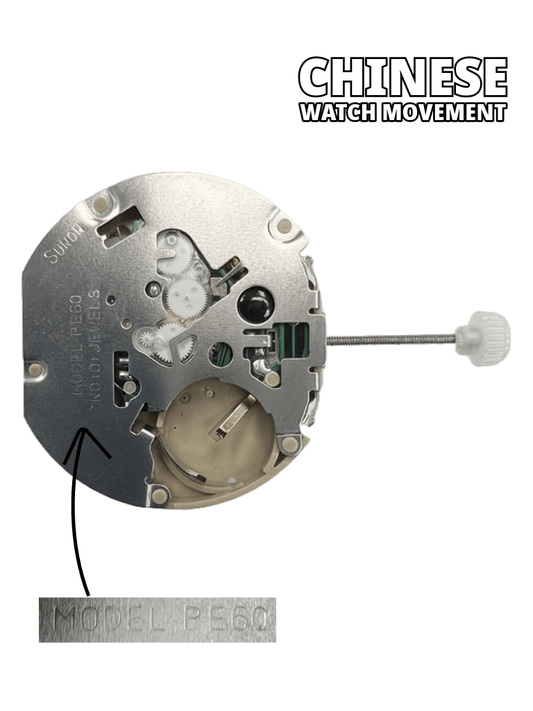 Sunon Chinese Watch Movement PE - 602 3H and 3EYES Date At 4.30 Chrono Center Second Overall Height: 6.8mm - Universal Jewelers & Watch Tools Inc.