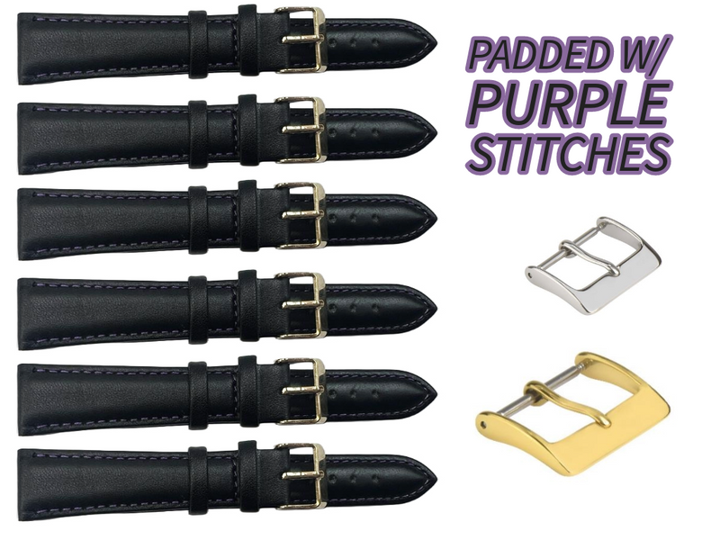 Load image into Gallery viewer, 6PCS Black Leather Watch Band Sizes 8MM-24MM Padded w/PURPLE Stitches
