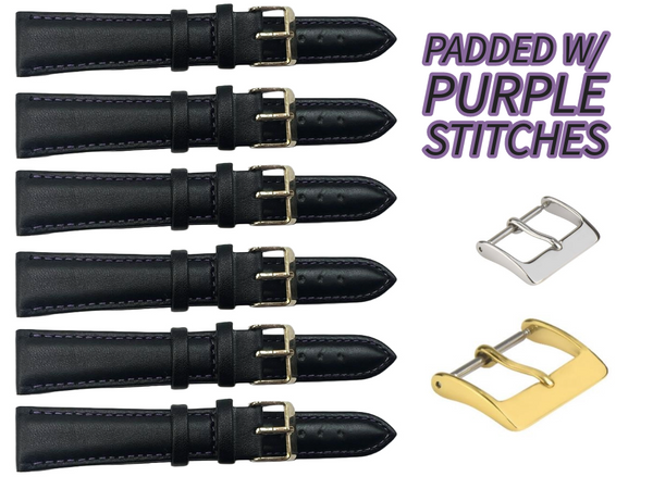 6PCS Black Leather Watch Band Sizes 8MM-24MM Padded w/PURPLE Stitches