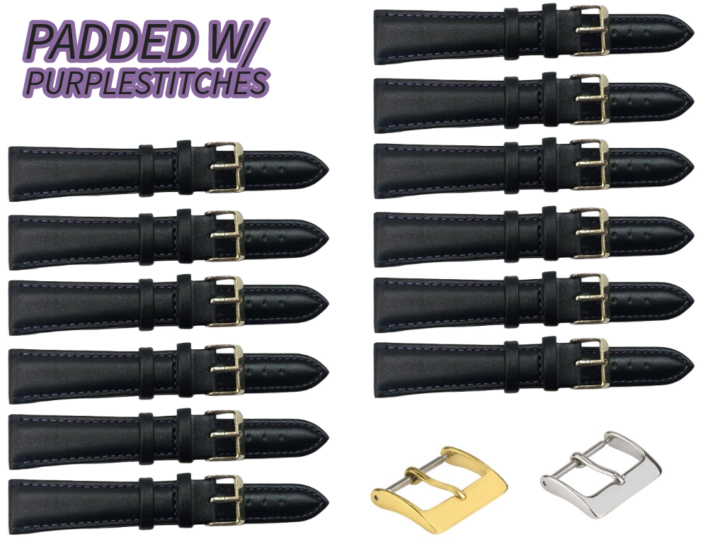 12PCS Black Leather Watch Band Sizes 8MM-24MM Padded w/PURPLE Stitches