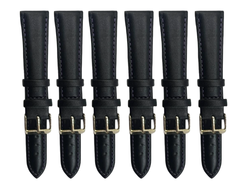 6PCS Black Leather Watch Band Sizes 8MM-24MM Padded w/PURPLE Stitches