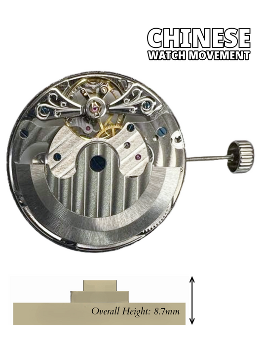 Chinese Automatic Double Barrel Watch Movement Z-2033 has 2Hands, Dual Time, Sun & Moon Overall Height 8.7mm