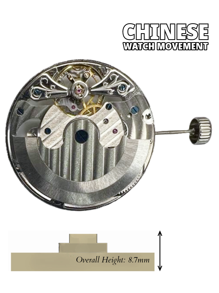 Load image into Gallery viewer, Chinese Automatic Double Barrel Watch Movement Z-2033 has 2Hands, Dual Time, Sun &amp; Moon Overall Height 8.7mm
