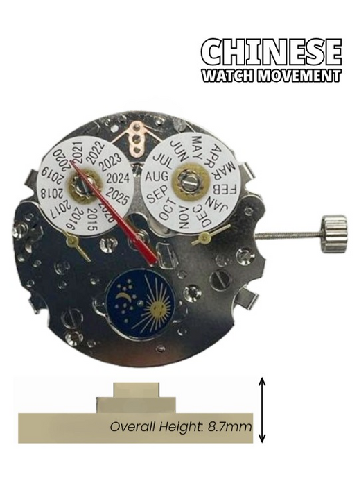 Chinese Watch Movement Automatic Mechanical TY2872 3Hands, 3 EYES, Sun & Moon Overall Height 8.7mm