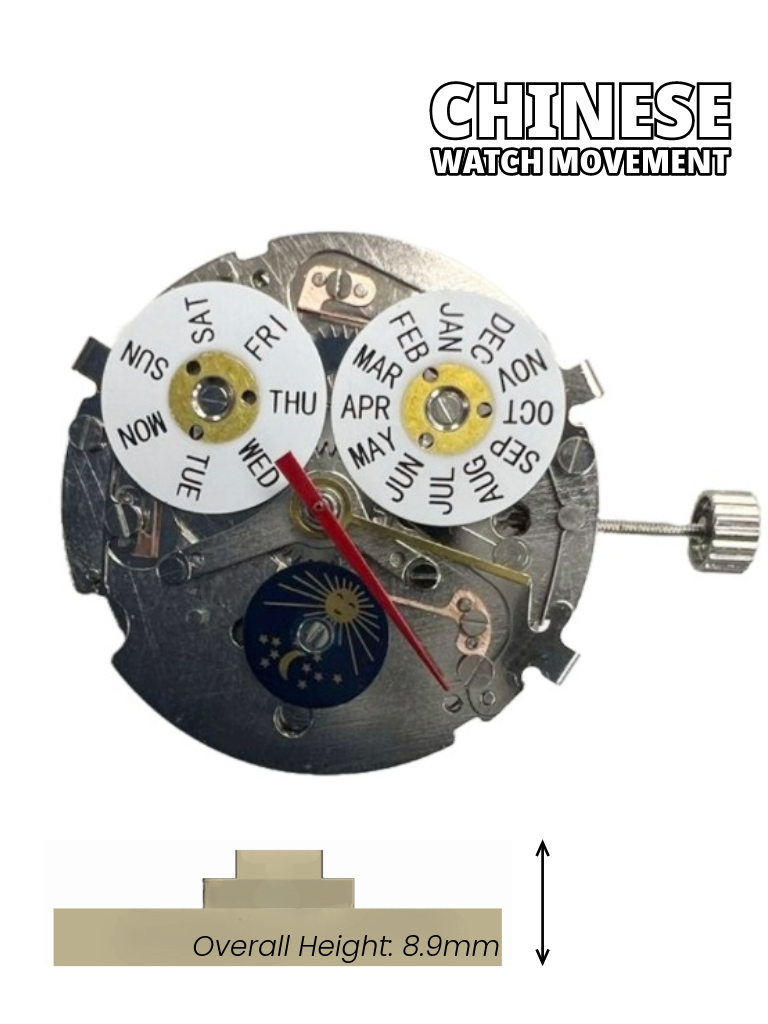 Load image into Gallery viewer, Chinese Watch Movement Automatic Mechanical TY2886S 3Hand, 1Eye, Week/Month, Sun &amp; Moon Overall Height 8.9mm
