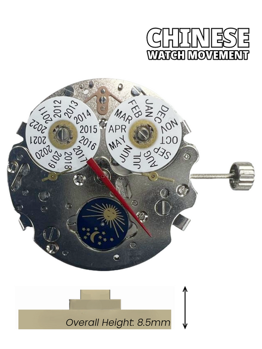 Chinese Watch Movement Automatic Mechanical TY2872S 3Eyes, Year/Month, Sun & Moon Overall Height 8.5mm