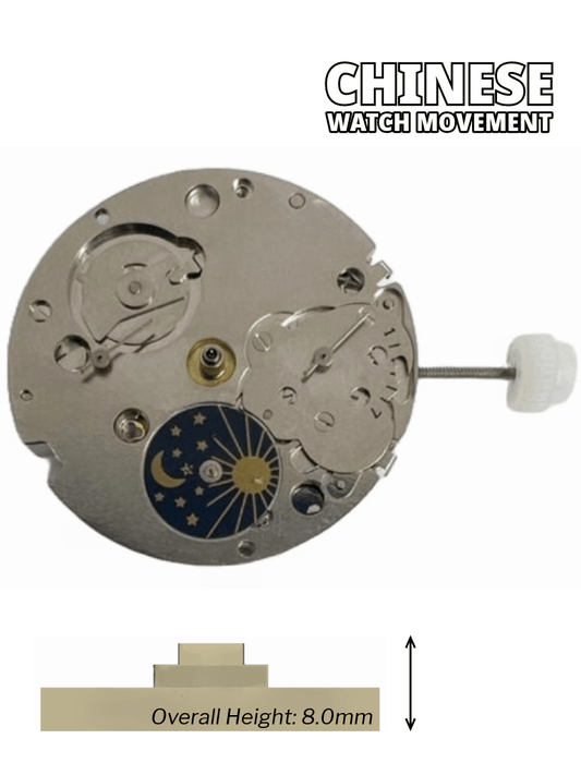 Chinese Automatic Watch Movement DG3836B 3Hands,Sun/Moon, Overall Height 8.0mm - Universal Jewelers & Watch Tools Inc.
