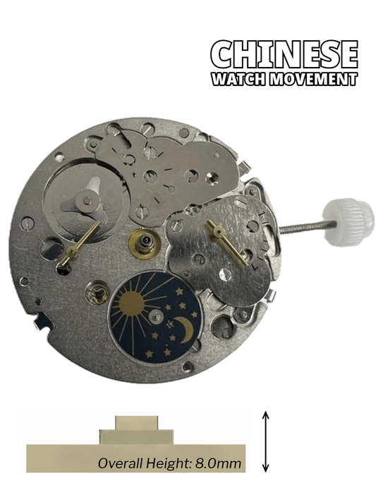 Chinese Automatic Watch Movement DG3847B 3Hands, 4Eyes, Sun/Moon, Overall Height 8.0mm - Universal Jewelers & Watch Tools Inc.