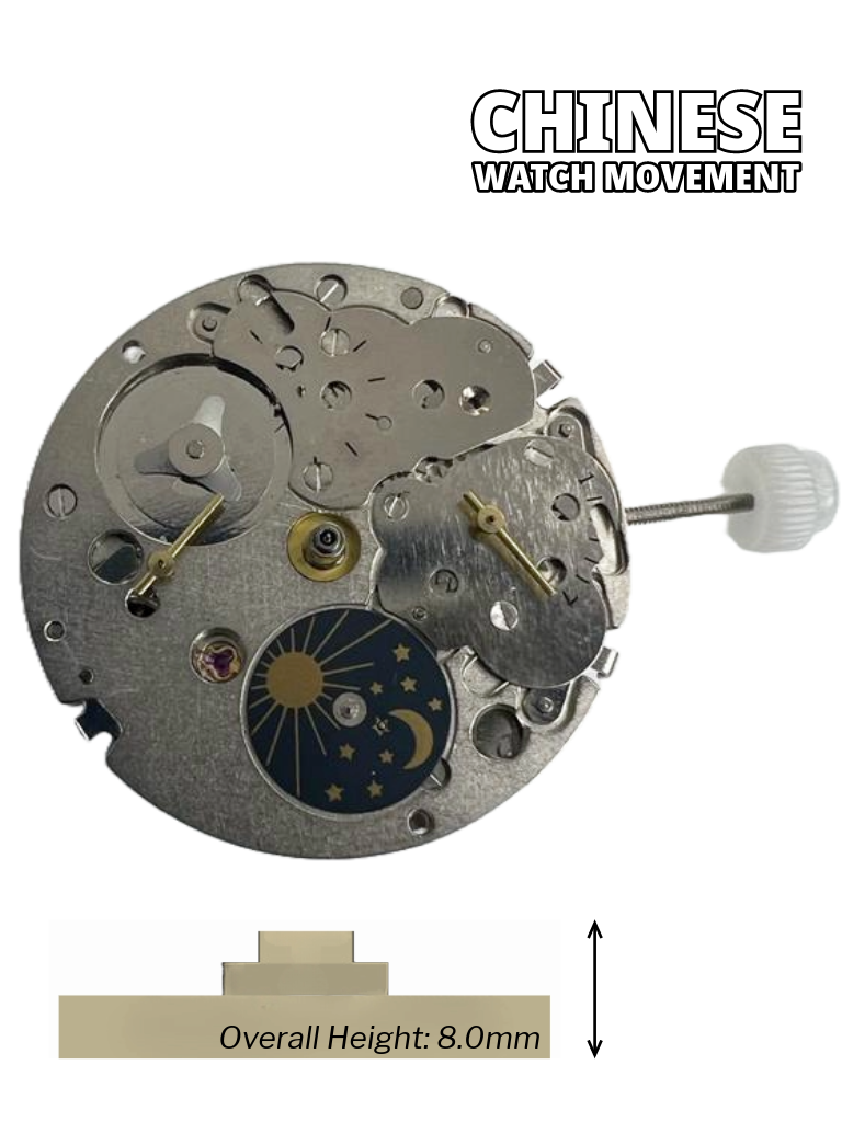 Load image into Gallery viewer, Chinese Automatic Watch Movement DG3847B 3Hands, 4Eyes, Sun/Moon, Overall Height 8.0mm
