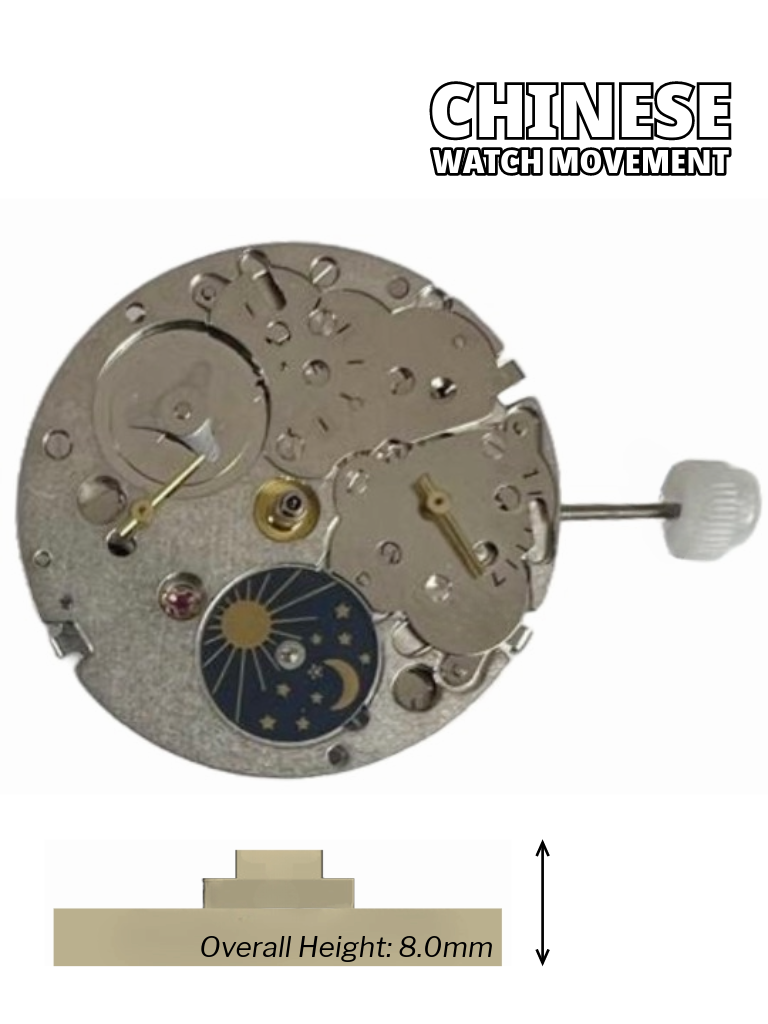 Load image into Gallery viewer, Chinese Automatic Watch Movement DG3847B 3Hands, 4Eyes, Sun/Moon, Overall Height 8.0mm
