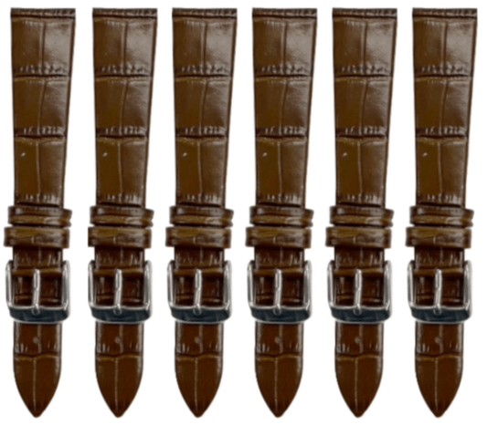 Lot of 6PCS Brown Leather Flat Unstitched Alligator Grain Watch Band Size 18MM - Universal Jewelers & Watch Tools Inc.