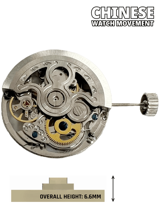 Automatic Skeleton Mechanical Watch Movement 2189S White, 3Hands Overall Height 6.6mm - Universal Jewelers & Watch Tools Inc.