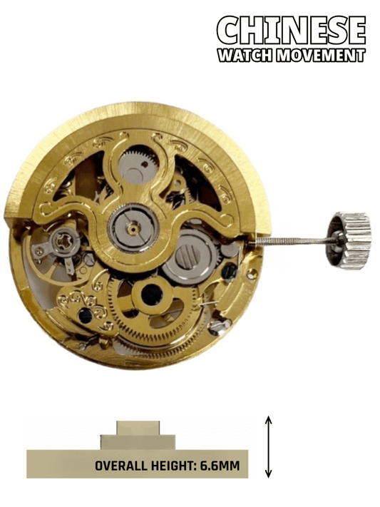Automatic Skeleton Mechanical Watch Movement 2189 Gold, 3Hands Overall Height 6.6mm - Universal Jewelers & Watch Tools Inc.
