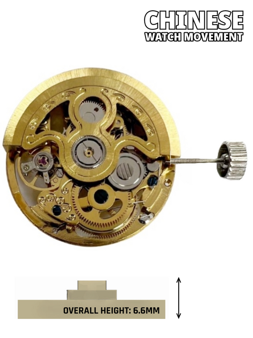 Automatic Skeleton Mechanical Watch Movement 2189 Gold, 3Hands Overall Height 6.6mm