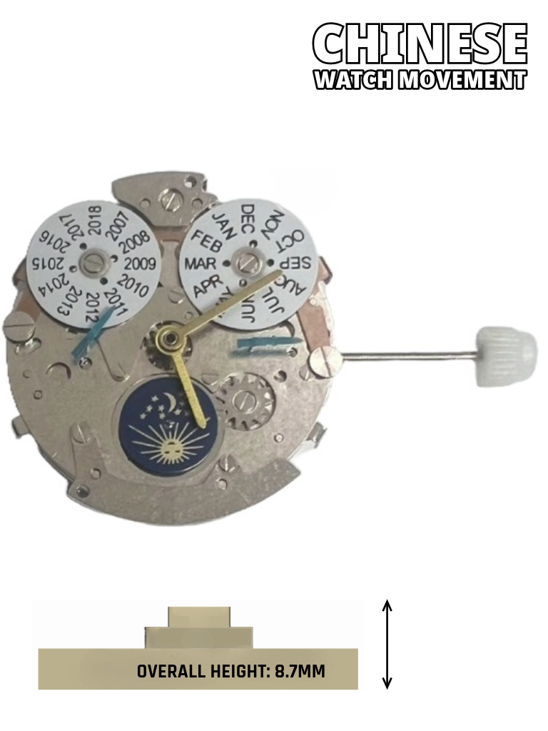 Load image into Gallery viewer, Multi-Function Automatic Watch Movement 2HR19, 3 HANDS, Moon Face at 6:00, Year/Month at 12:00
