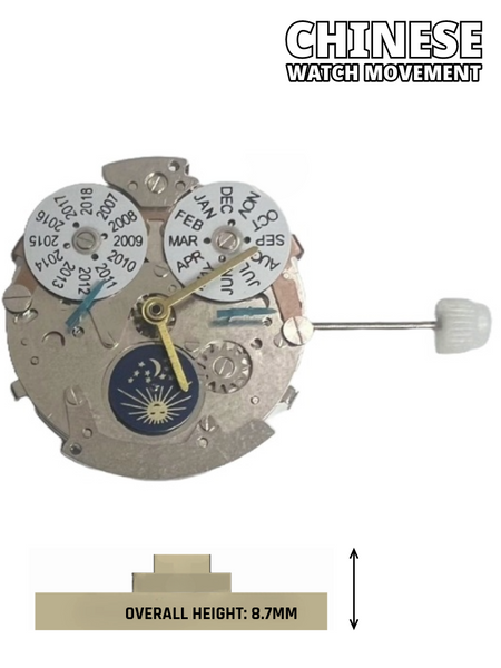 Multi-Function Automatic Watch Movement 2HR19, 3 HANDS, Moon Face at 6:00, Year/Month at 12:00