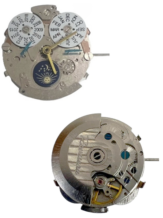 Multi-Function Automatic Watch Movement 2HR19, 3 HANDS, Moon Face at 6:00, Year/Month at 12:00