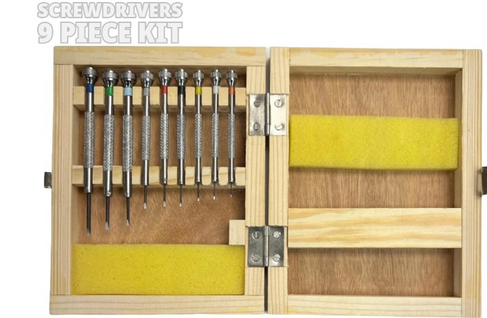 Screwdriver Set in Wooden Box 9 Piece kit Watch and Jewelry