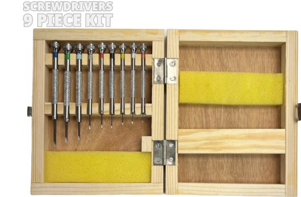 Screwdriver Set in Wooden Box 9 Piece kit Watch and Jewelry