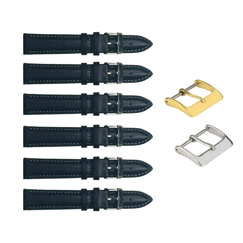 Load image into Gallery viewer, 6PCS Black Leather Watch Band Sizes 8MM-24MM Padded w/White Stitches
