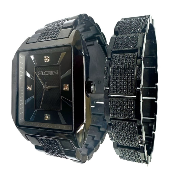 Elgin FG160044ST Men's Gunmetal Analog Watch & Bracelet Gift Set – Pave Style