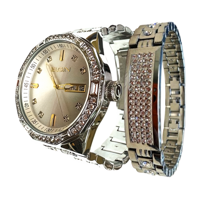 Load image into Gallery viewer, Elgin Men&#39;s Silver Watch &amp; Matching Bracelet Set – Gold Markers | FG180016SST
